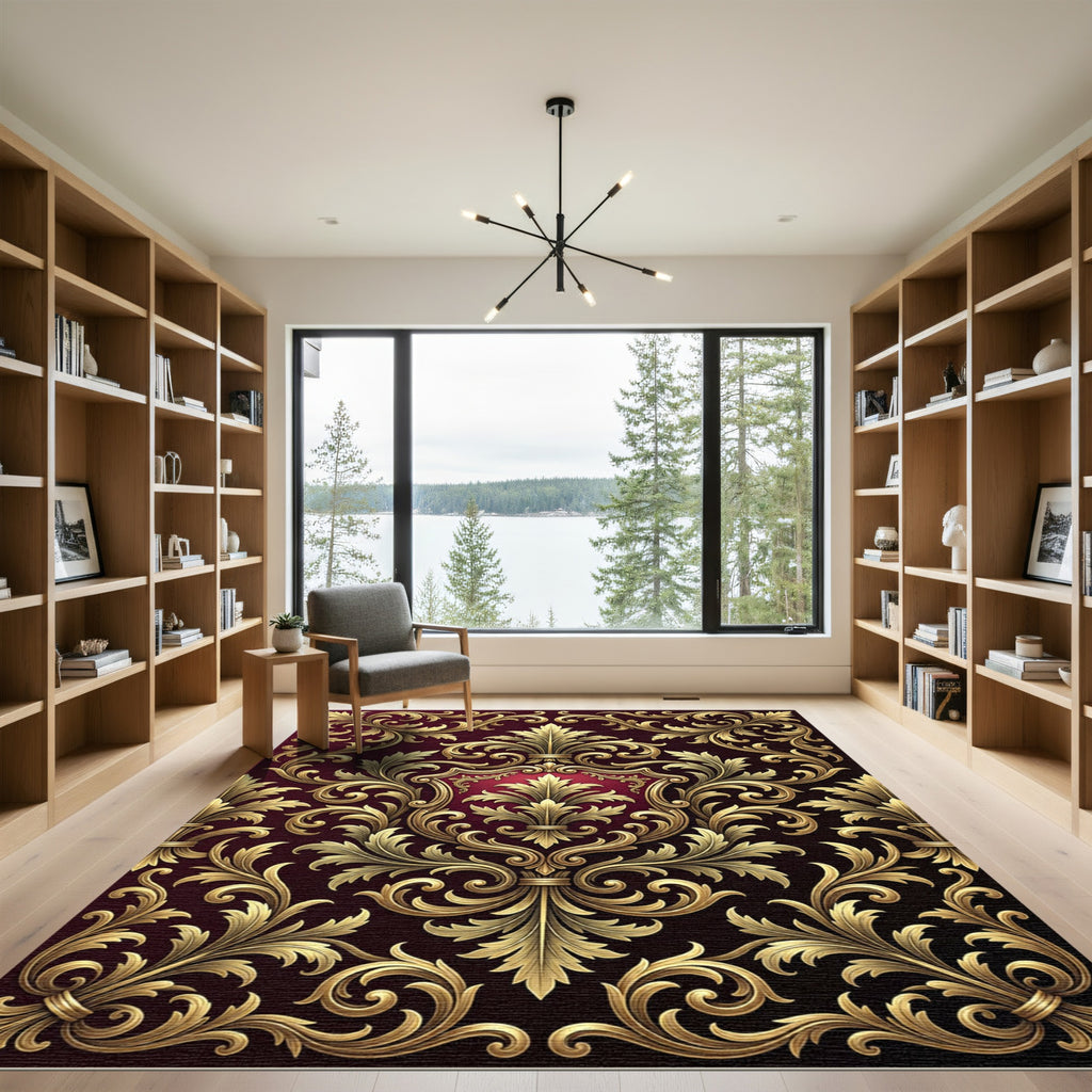 Ornate Gold Scrollwork Crimson Emblem Rug
