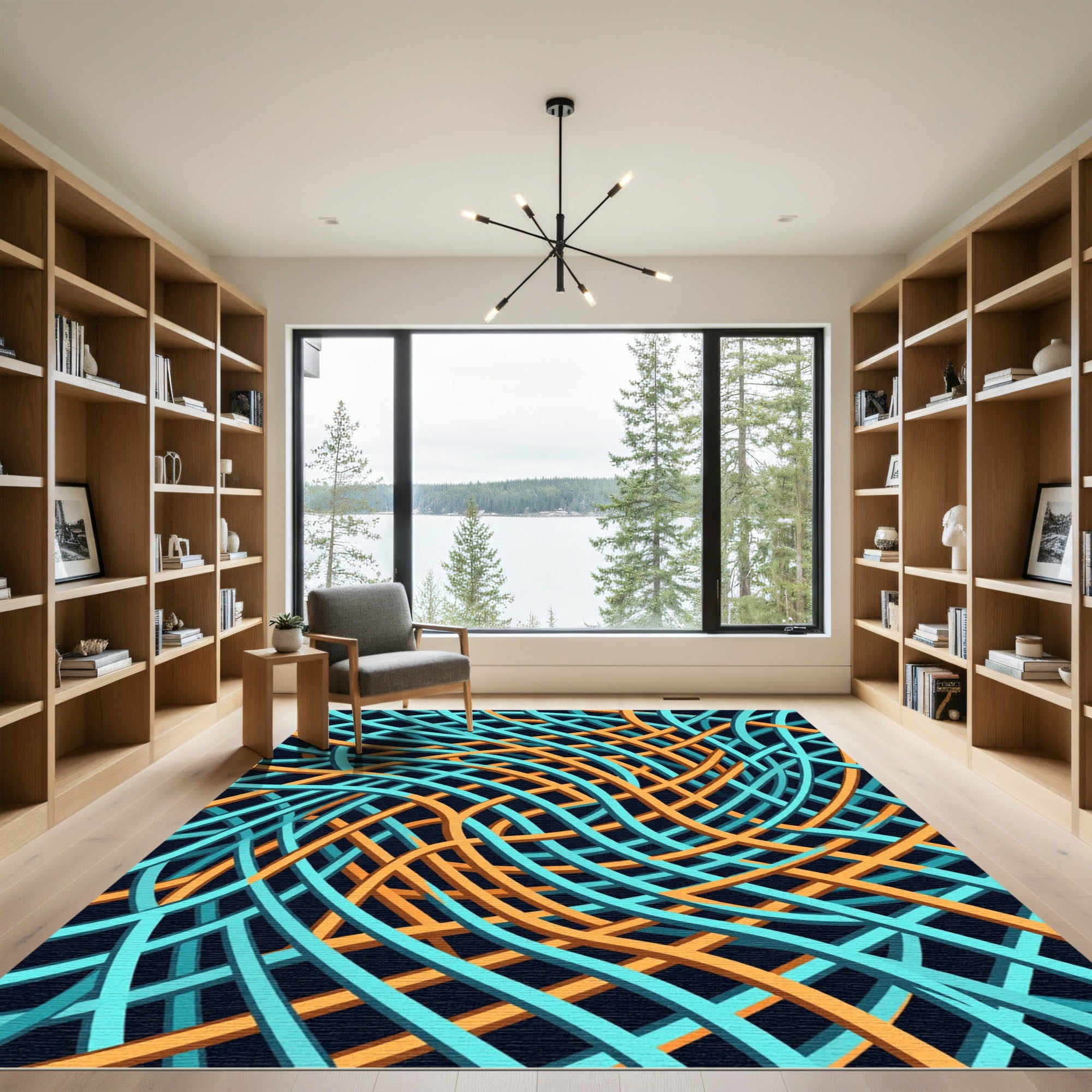 Modern Teal and Gold Woven Grid Rug