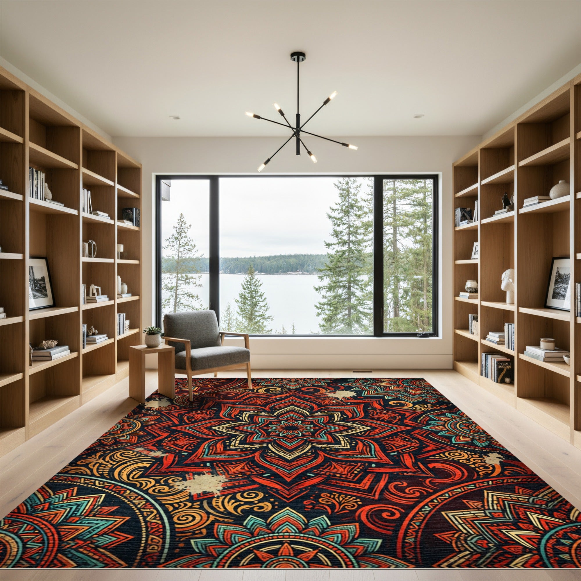 Vibrant Orange Teal Mandala Sunburst Rug