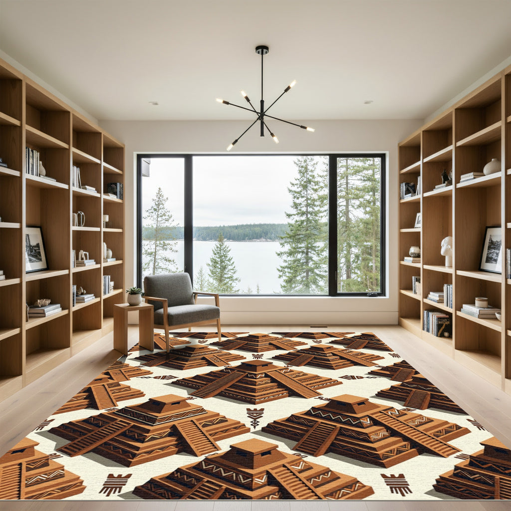 Terracotta Mesoamerican Ziggurat Geometric Step Rug