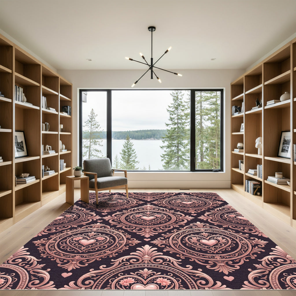 Rose Gold Heart Damask Medallion Rug