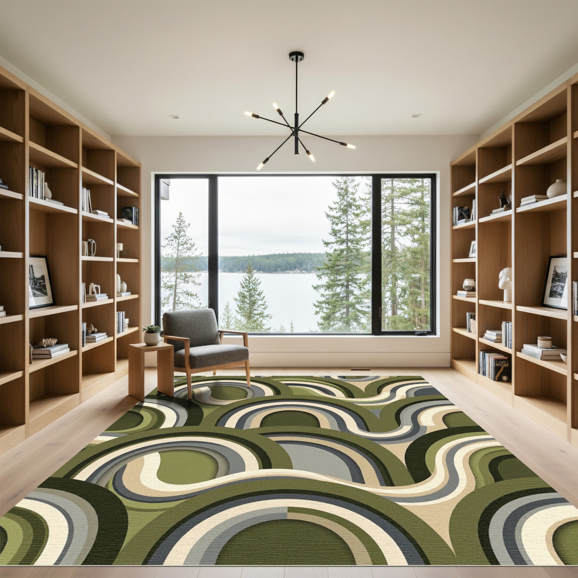 Retro Olive Green Layered Arch Rug