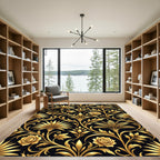 Golden Floral Scrollwork Black Rug