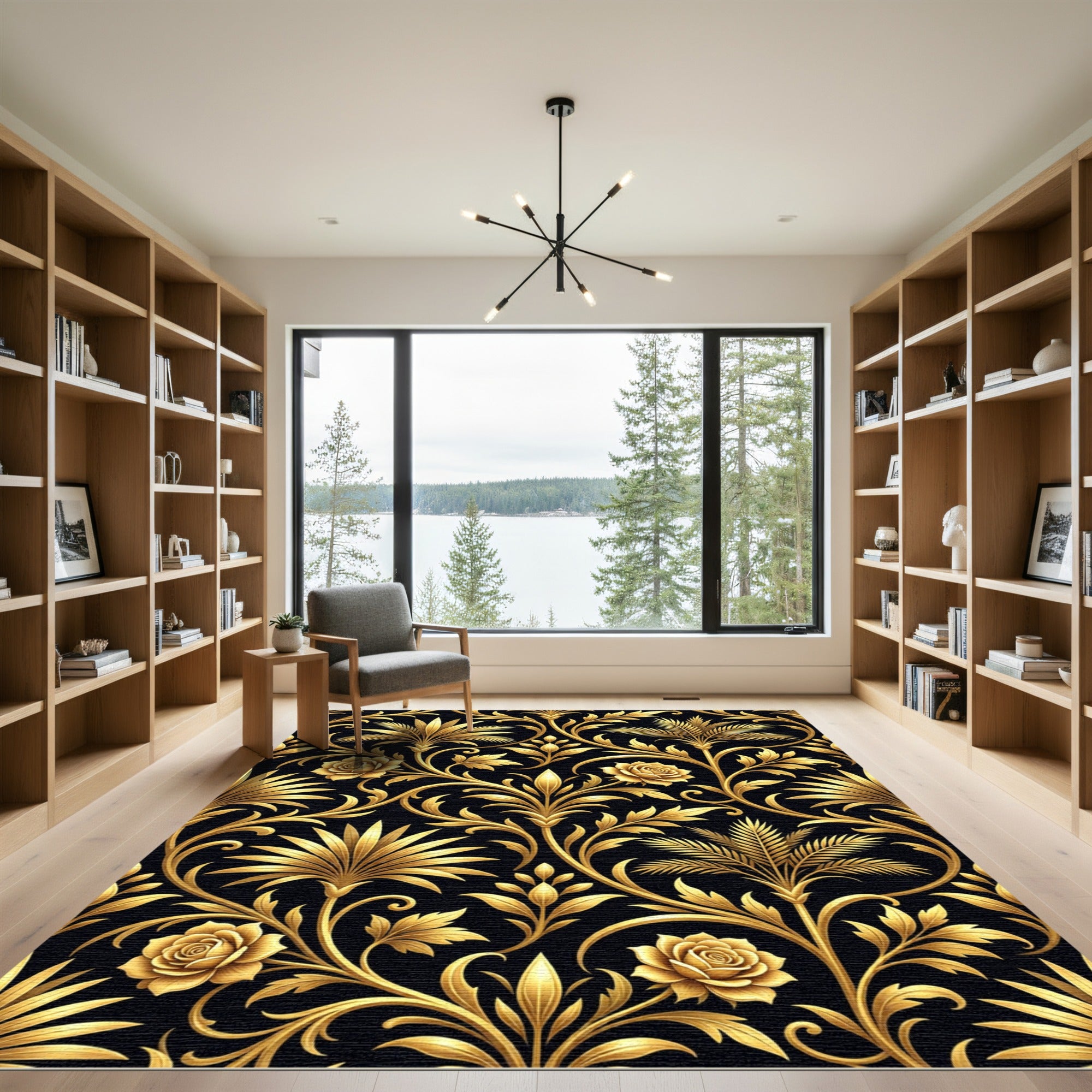 Golden Floral Scrollwork Black Rug
