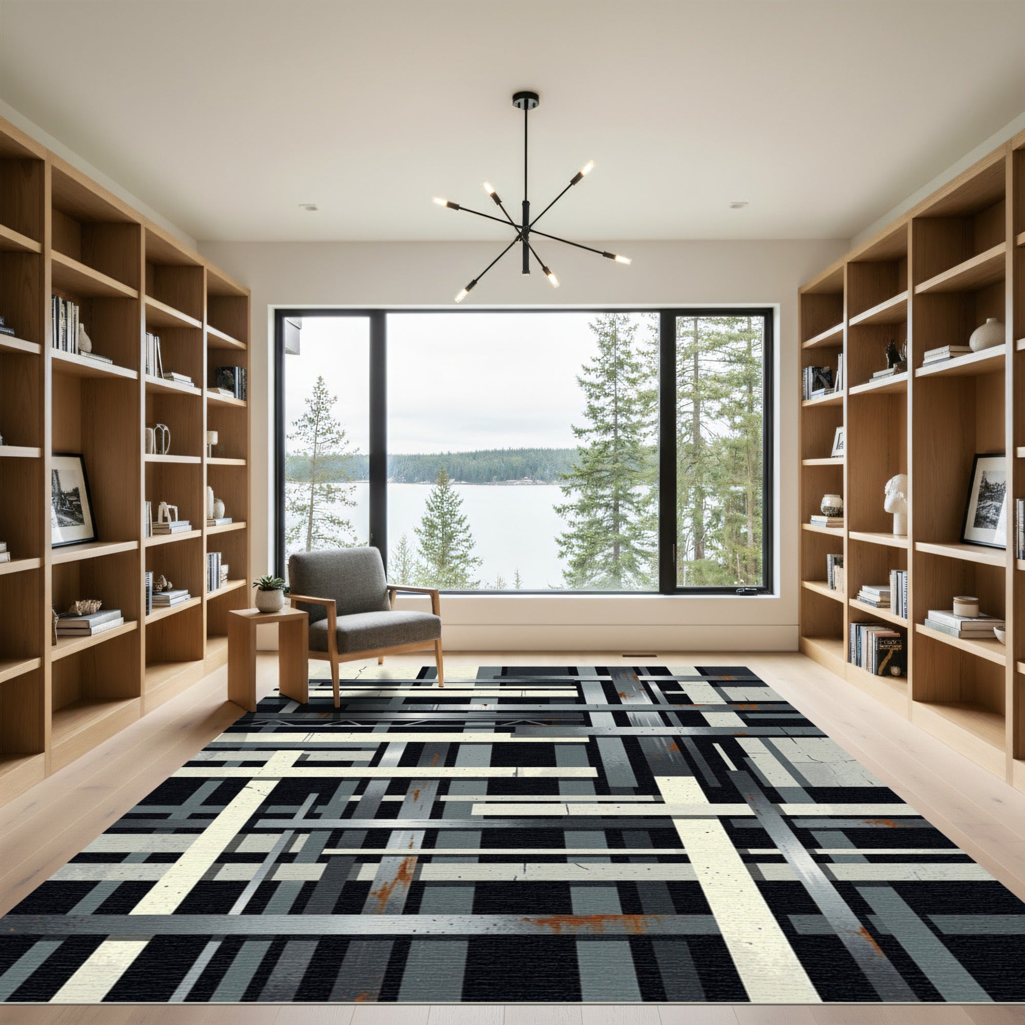 Industrial Gray Monochromatic Grid Artwork Rug