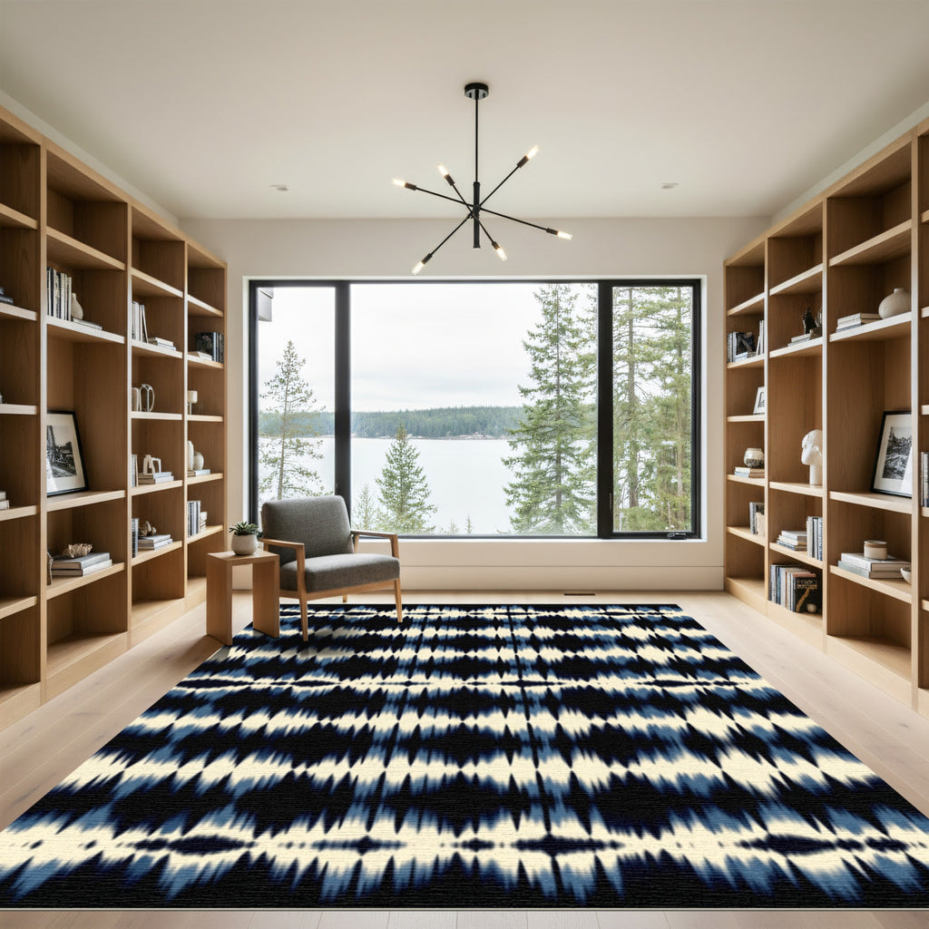 Deep Blue Cream Ikat Stripes Rug