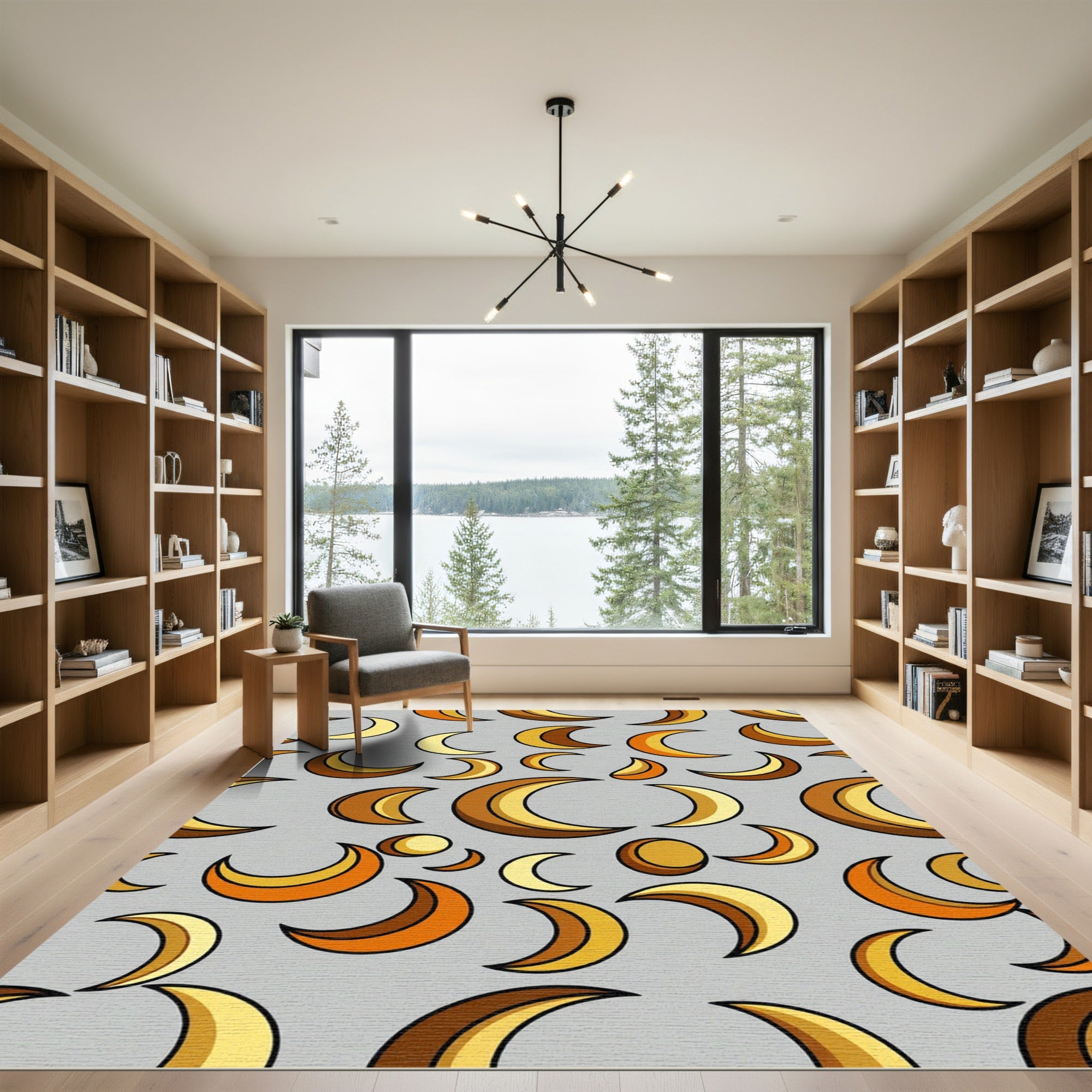 Modern Golden Crescent Moon Celestial Rug