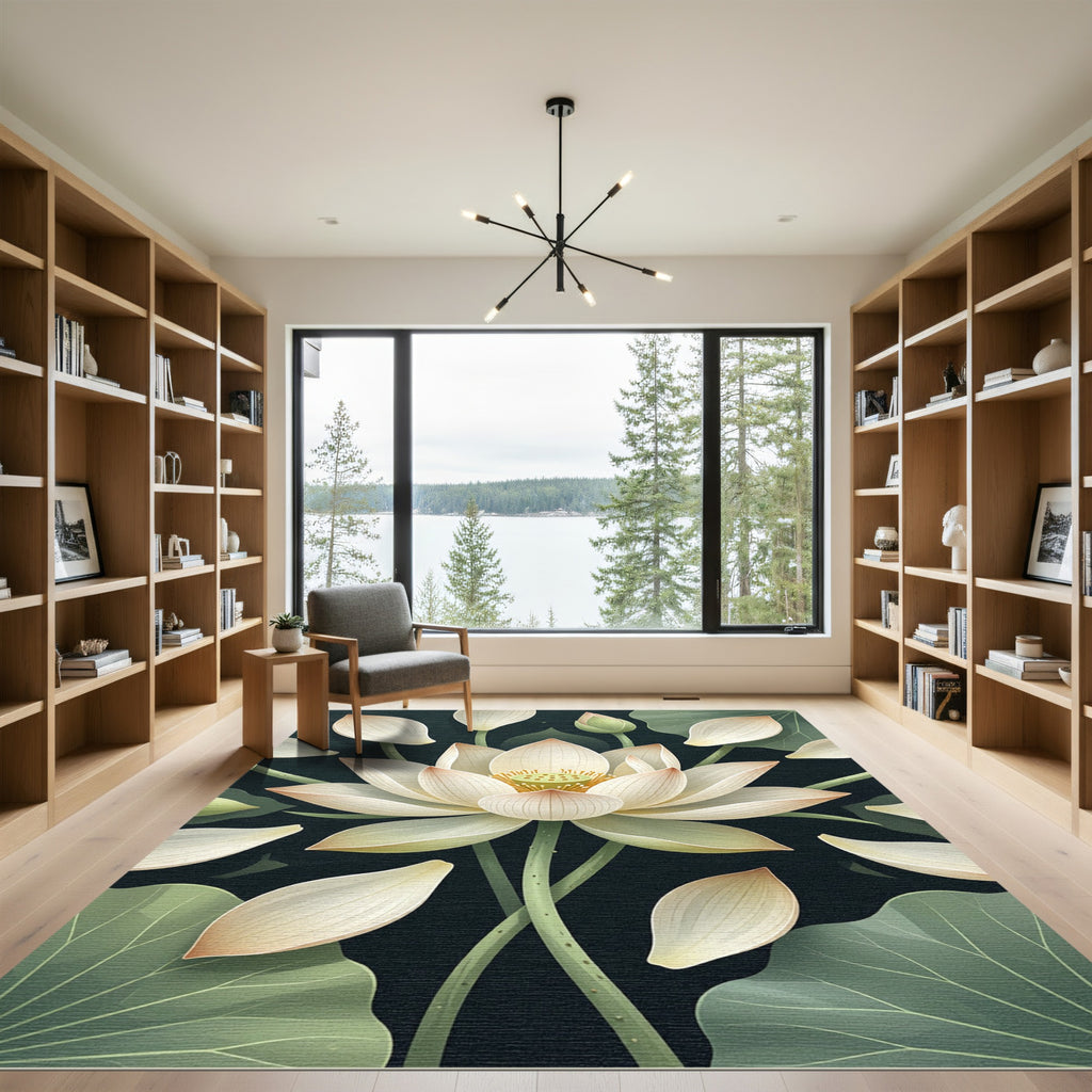 Elegant White Lotus Bloom Botanical Rug