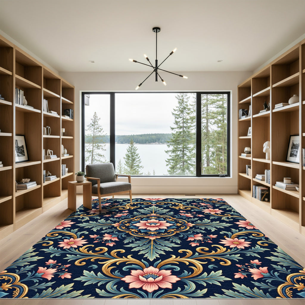 Ornate Navy Golden Floral Damask Art Rug