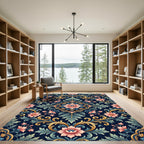 Ornate Navy Golden Floral Damask Art Rug
