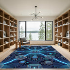 Neon Blue Circuit Board Cyber Grid Rug