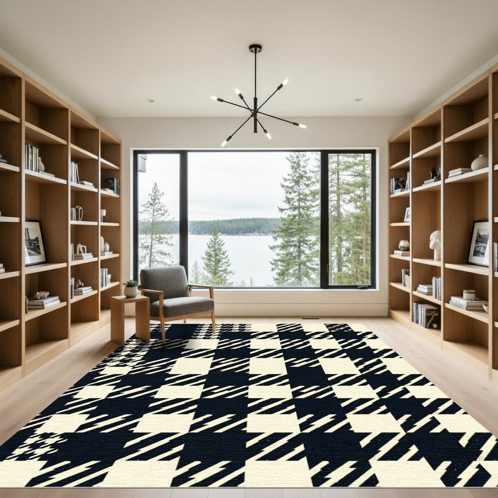 Monochrome Geometric Houndstooth Check Grid Rug