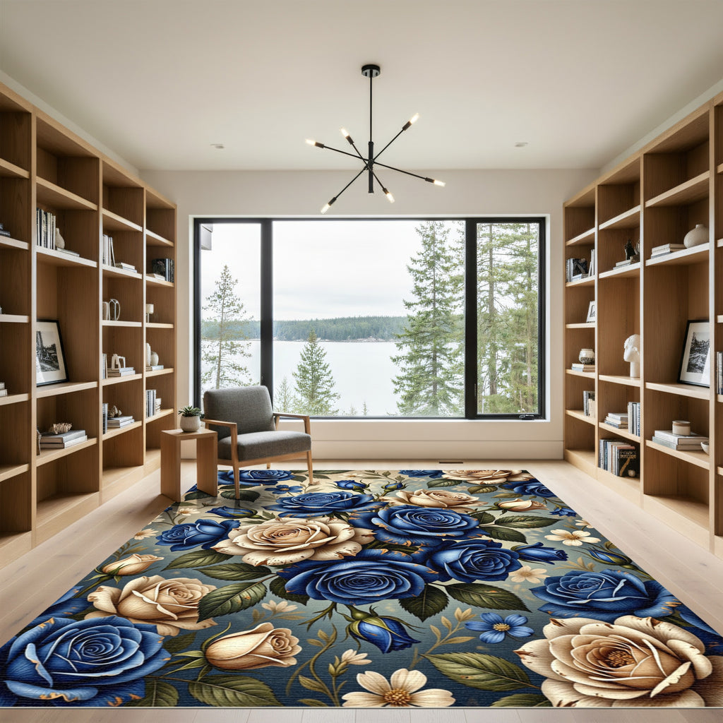 Blue Cream Rose Garden Bouquet Rug