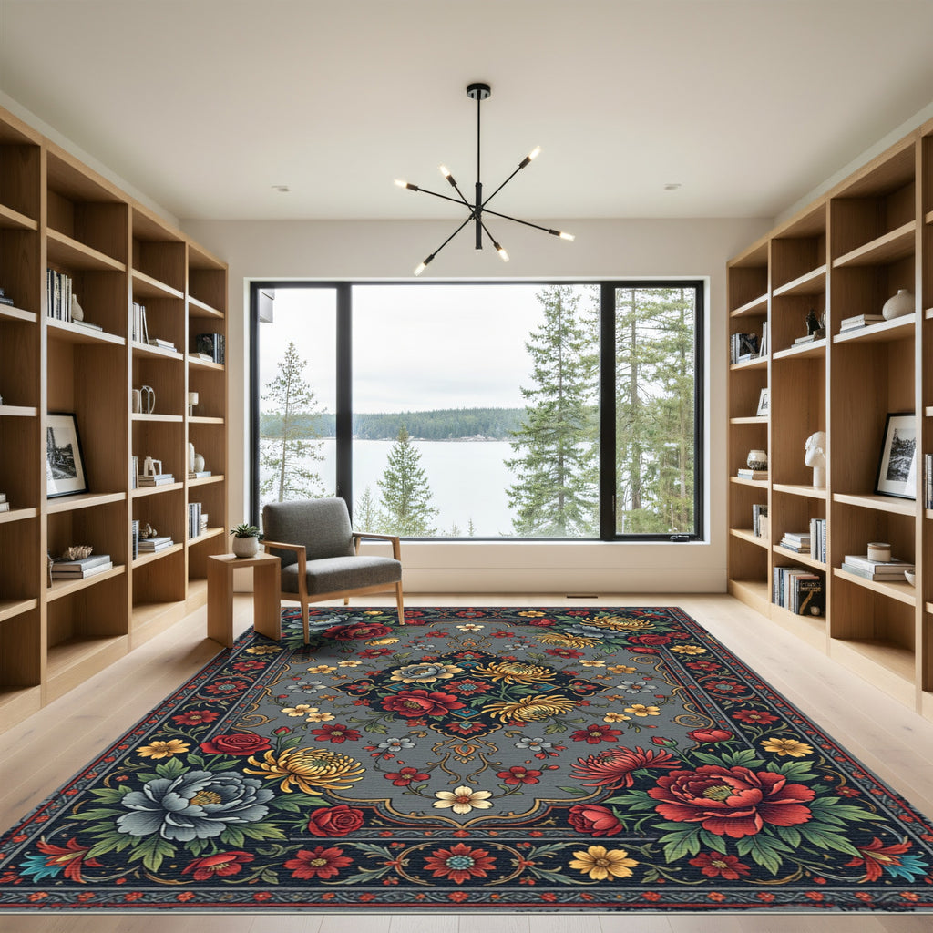 Elegance Gray Floral Medallion Garden Rug