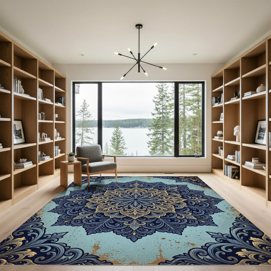 Ornate Navy Golden Floral Damask Art Rug