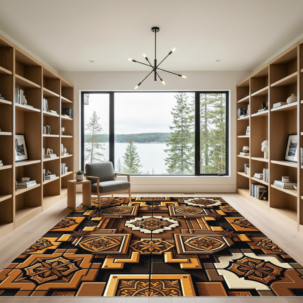 Tonal Brown Geometric Star Medallion Rug