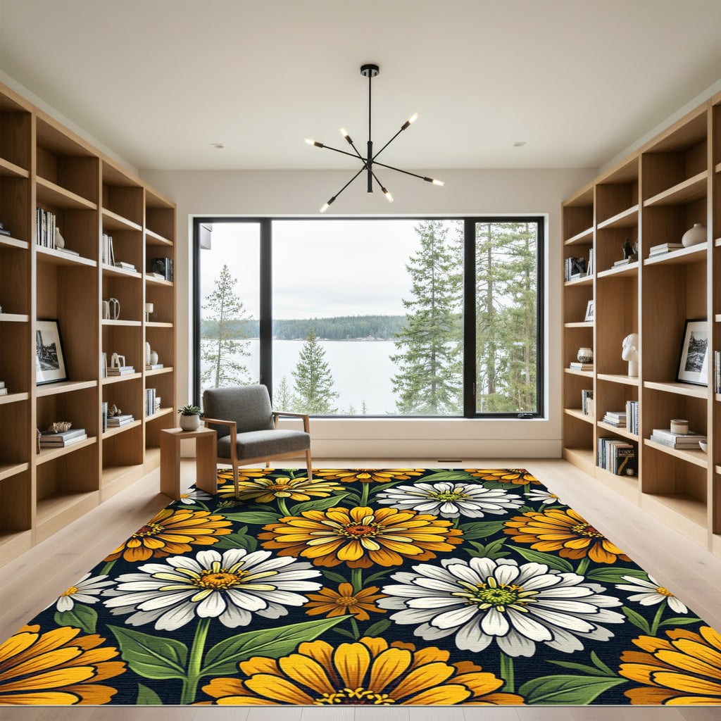 Golden White Flowers Dark Garden Rug