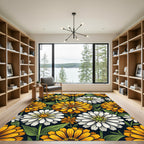 Golden White Flowers Dark Garden Rug