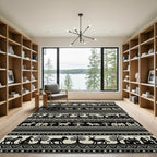 Tribal Village Animals Trees Black Beige Rug