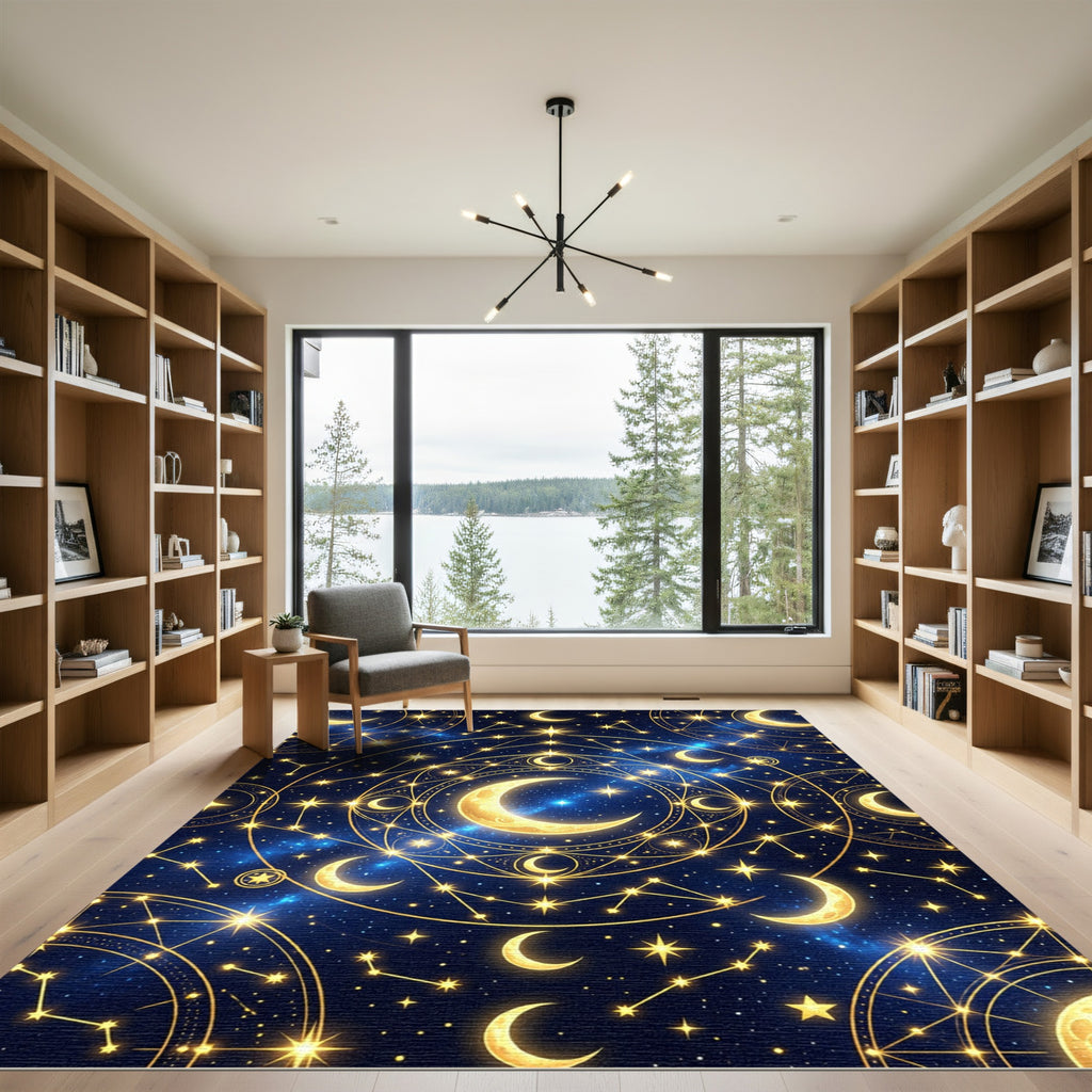 Celestial Gold Moon and Starry Sky Rug