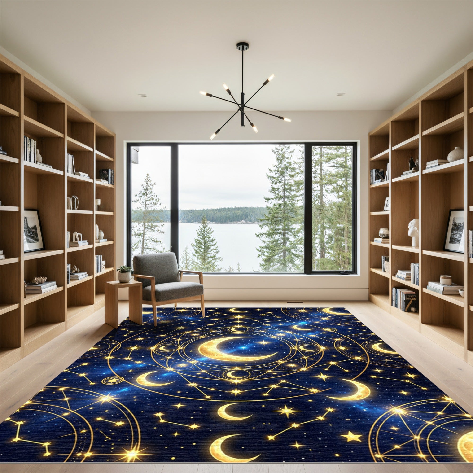 Celestial Gold Moon and Starry Sky Rug