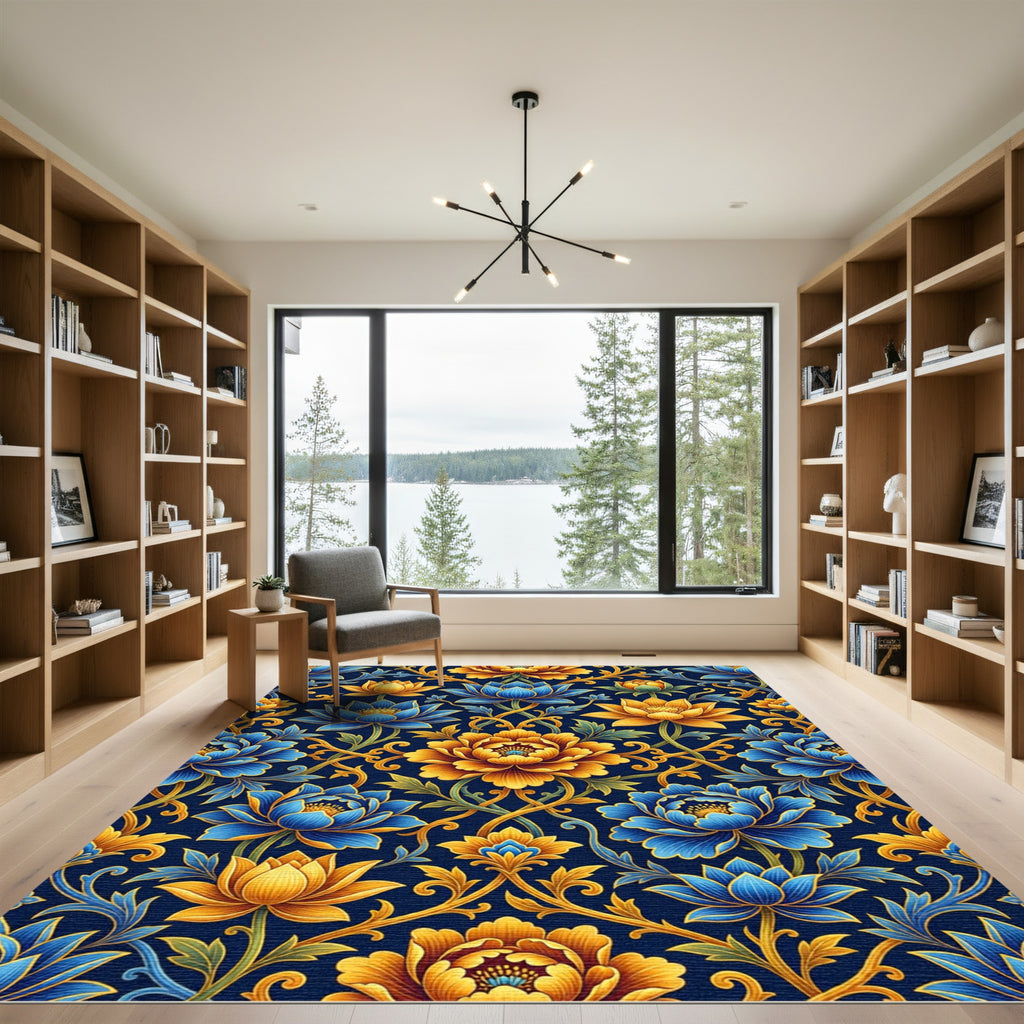 Ornate Gold and Blue Floral Damask Rug