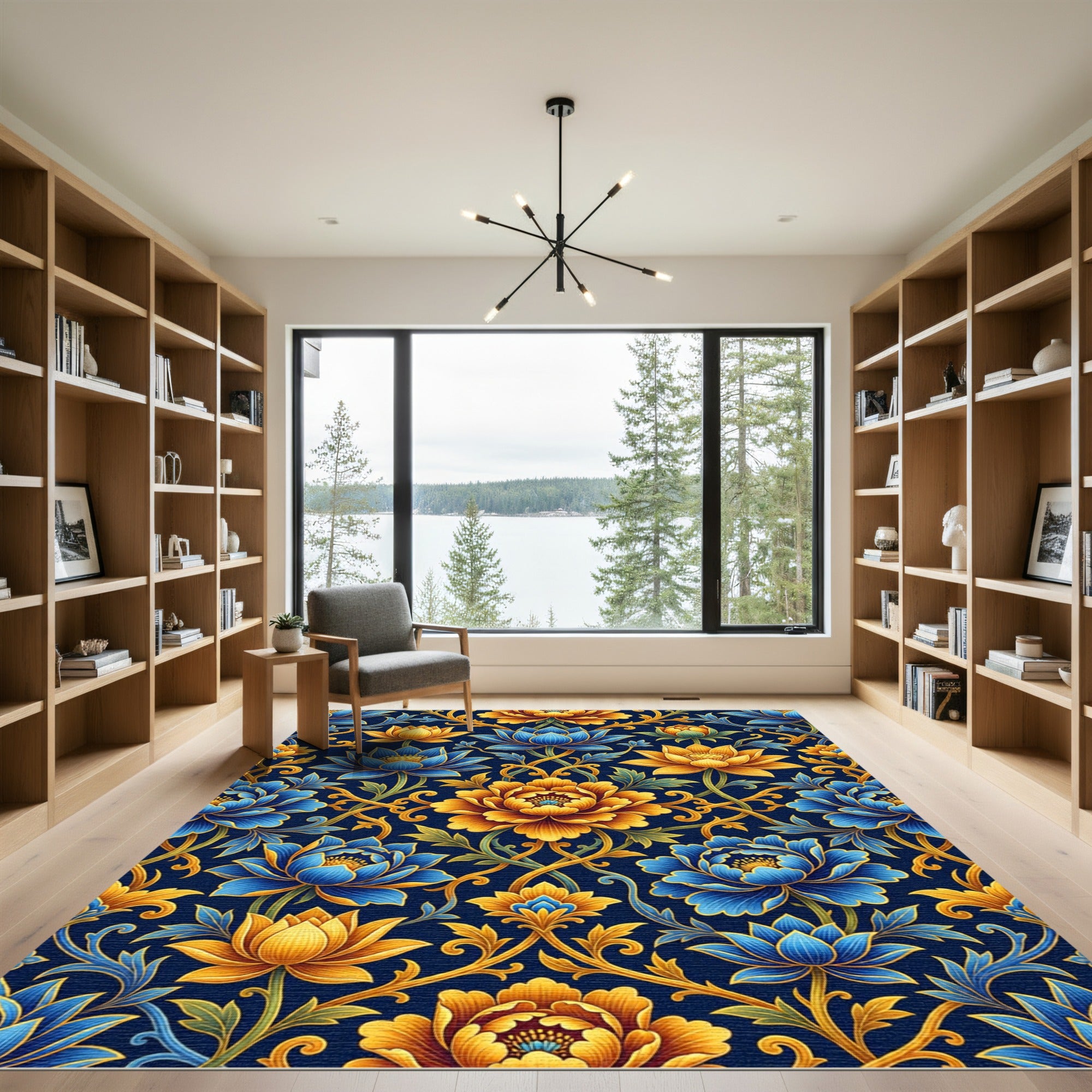 Ornate Gold and Blue Floral Damask Rug