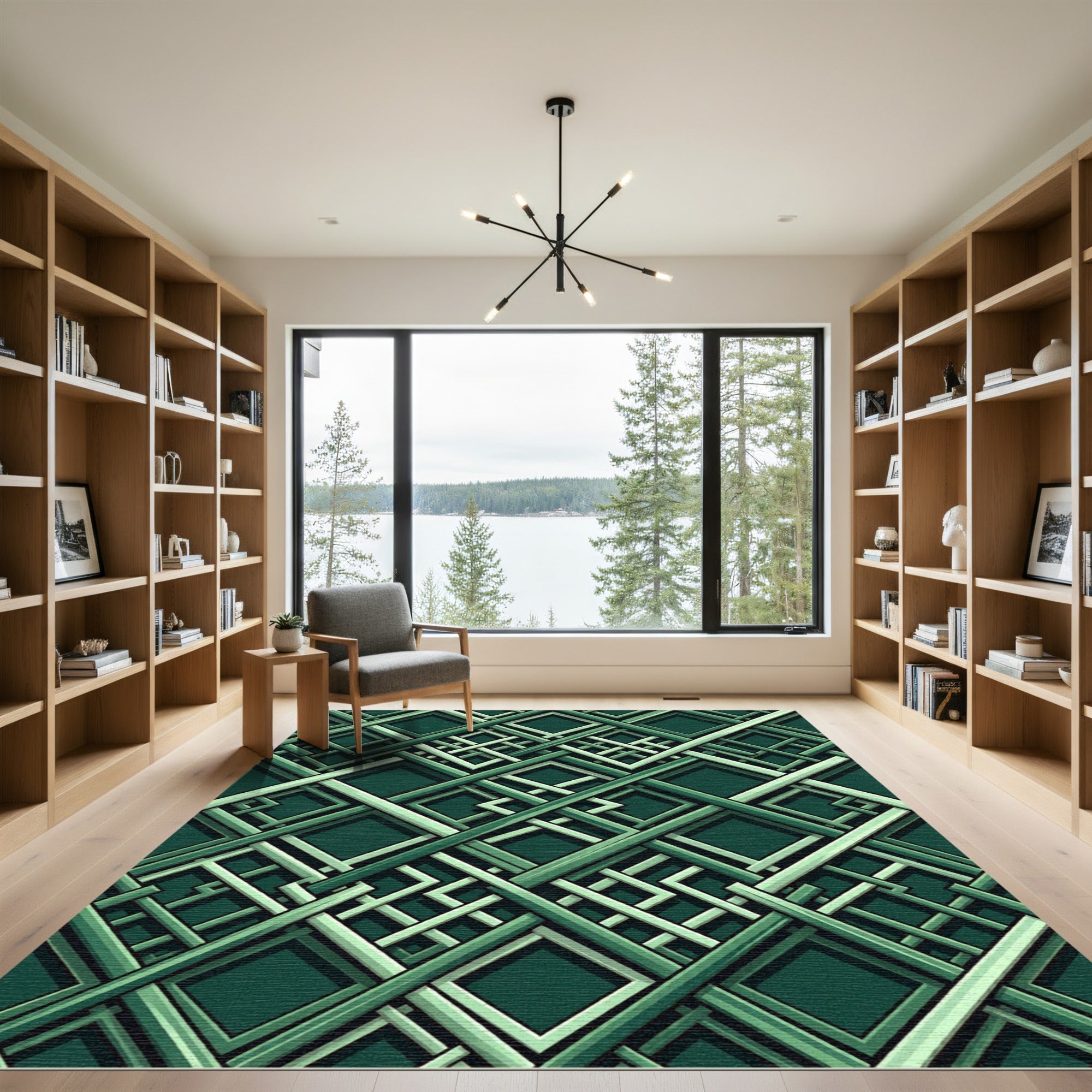 Geometric Emerald Interlocking Square Art Rug
