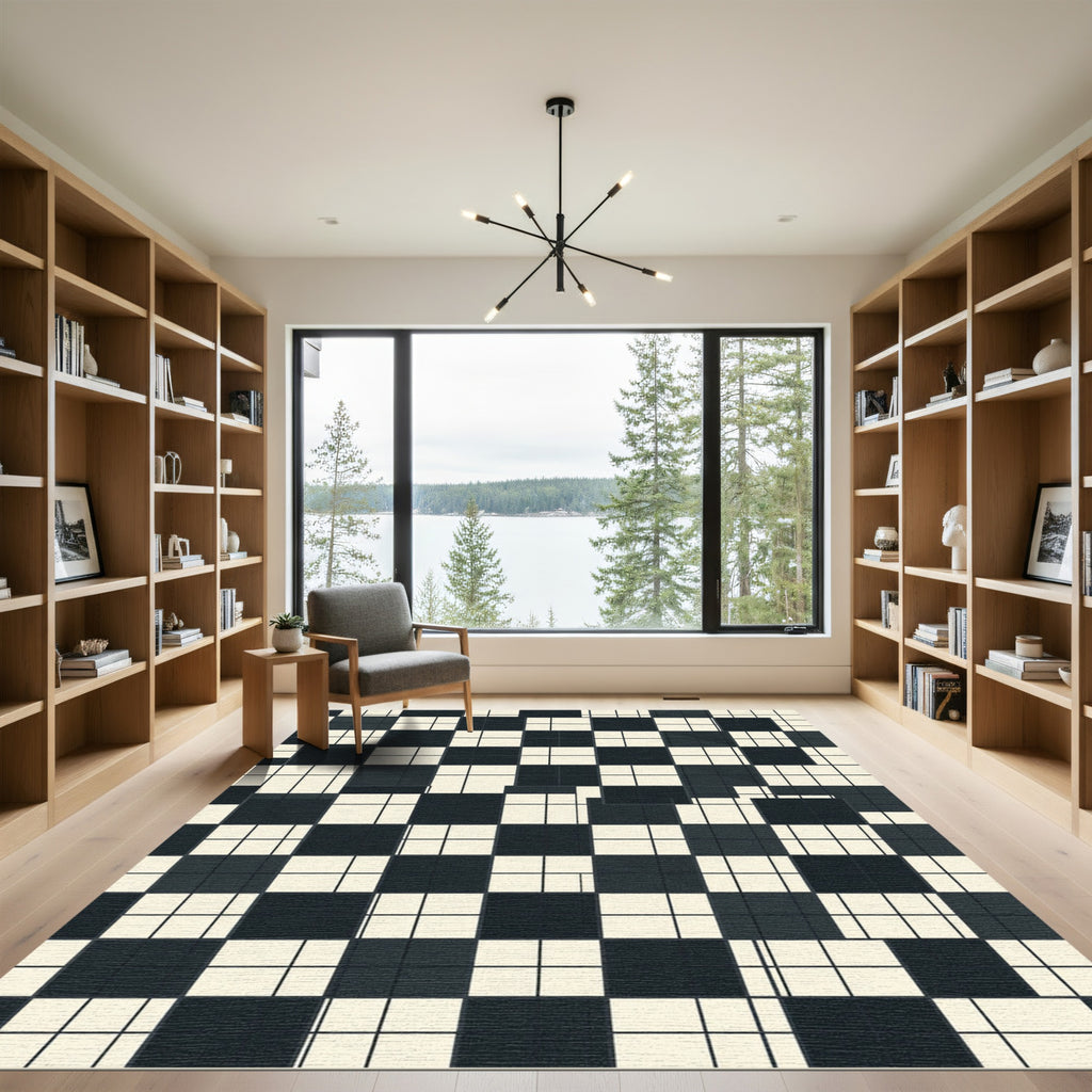 Black Beige Square Grid Harmony Rug