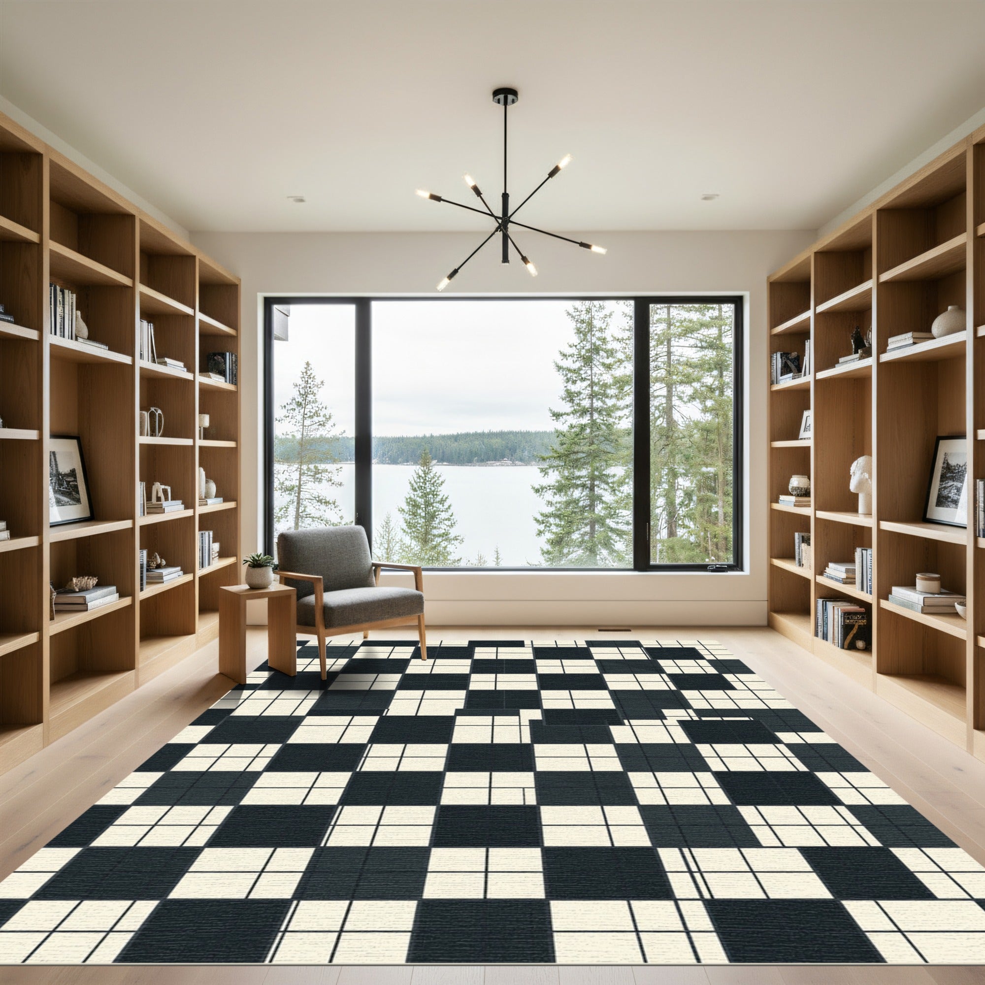 Black Beige Square Grid Harmony Rug