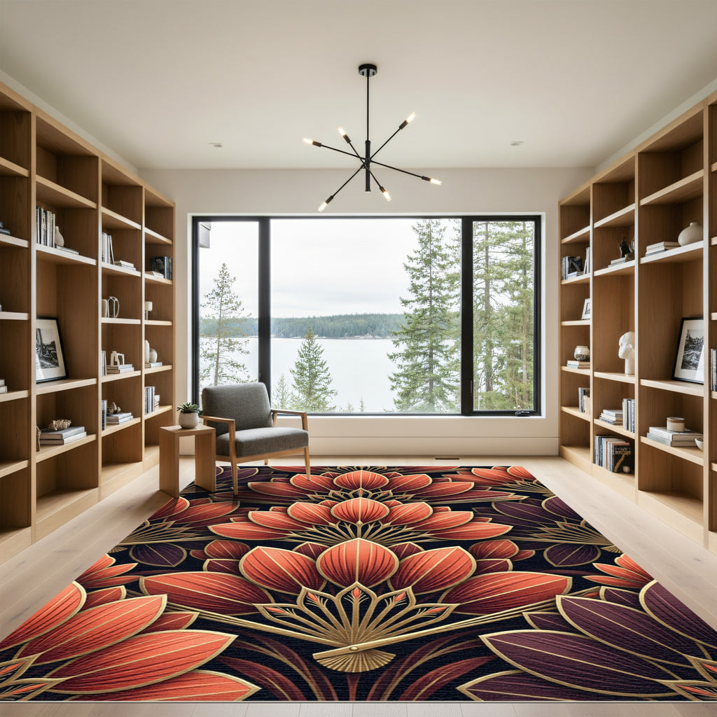 Terracotta Gold Art Deco Floral Rug