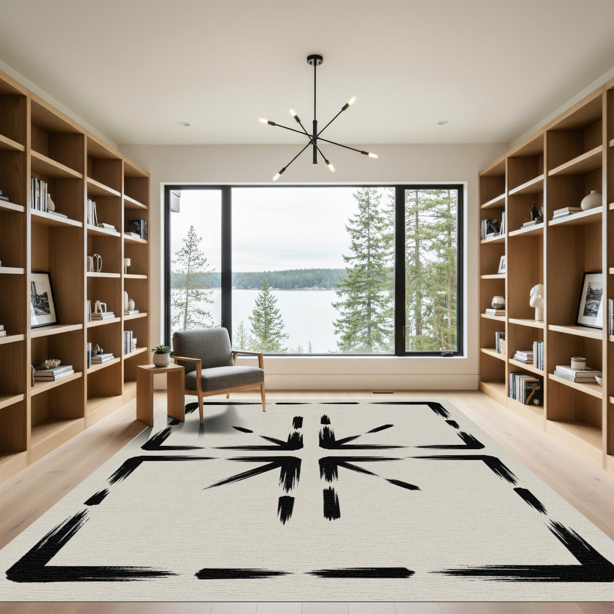 Black Brushstroke Square Arrow Motif Rug