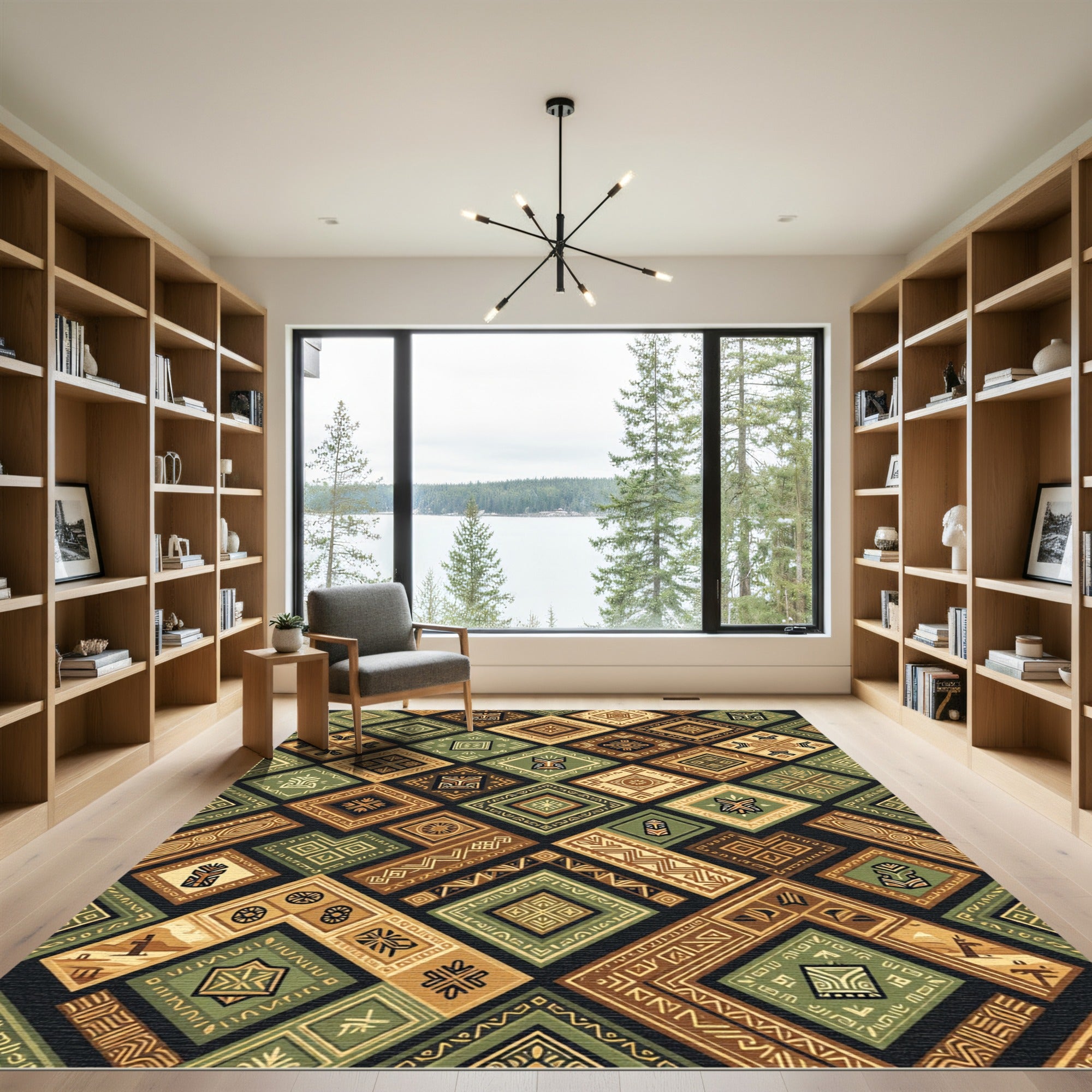 Earthy Olive Geometric Aztec Diamond Rug