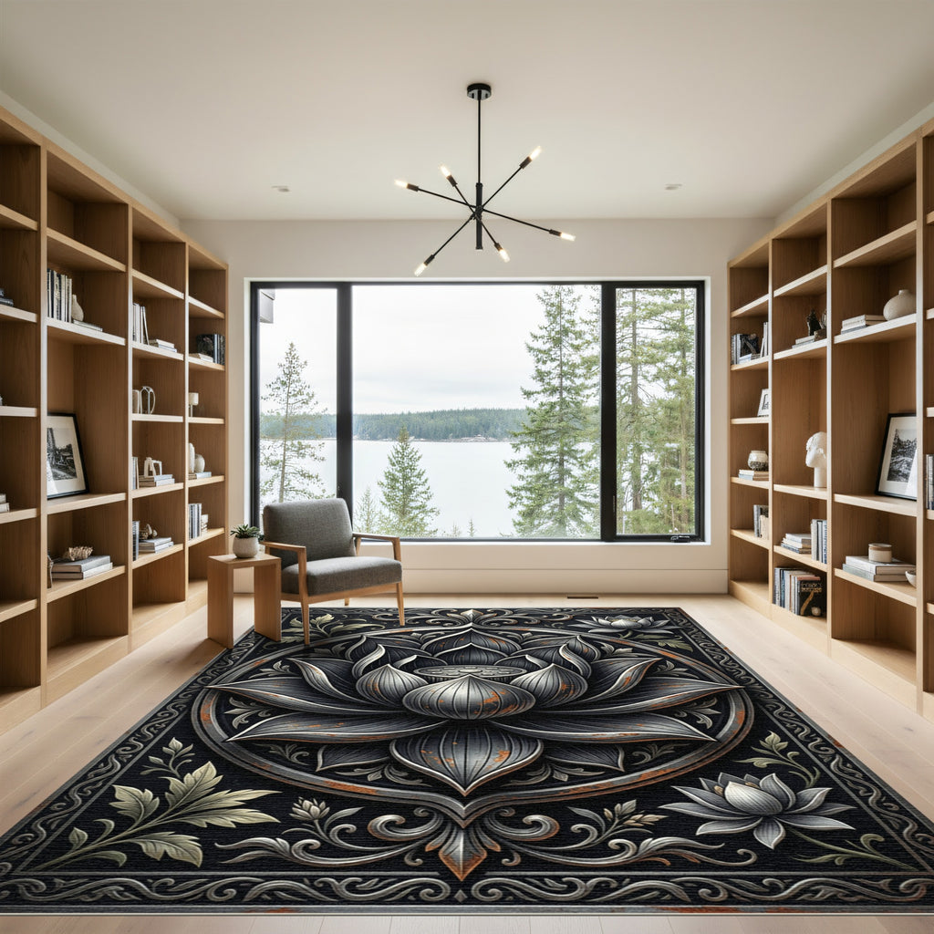 Metallic Silver Lotus Mandala Floral Art Rug