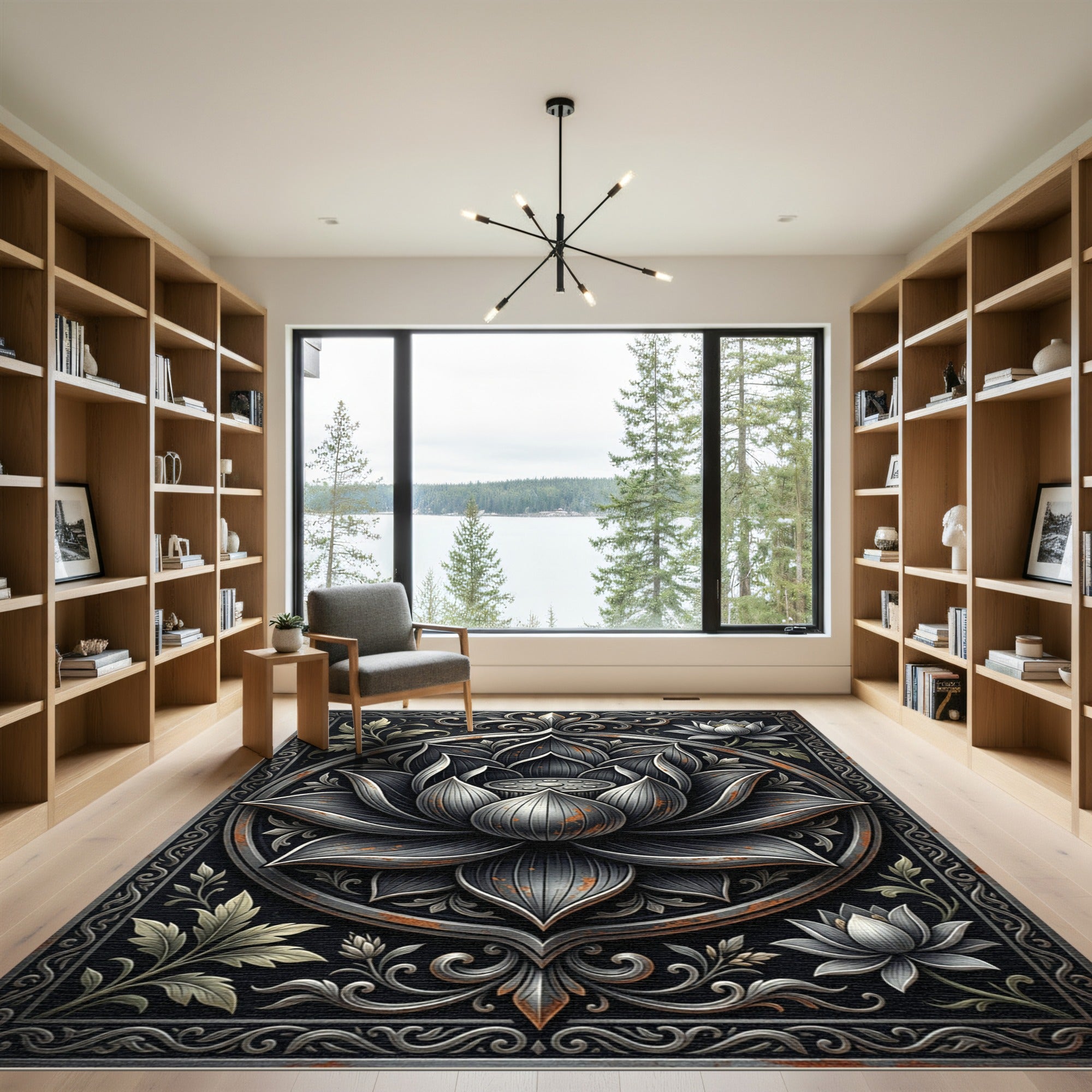 Metallic Silver Lotus Mandala Floral Art Rug