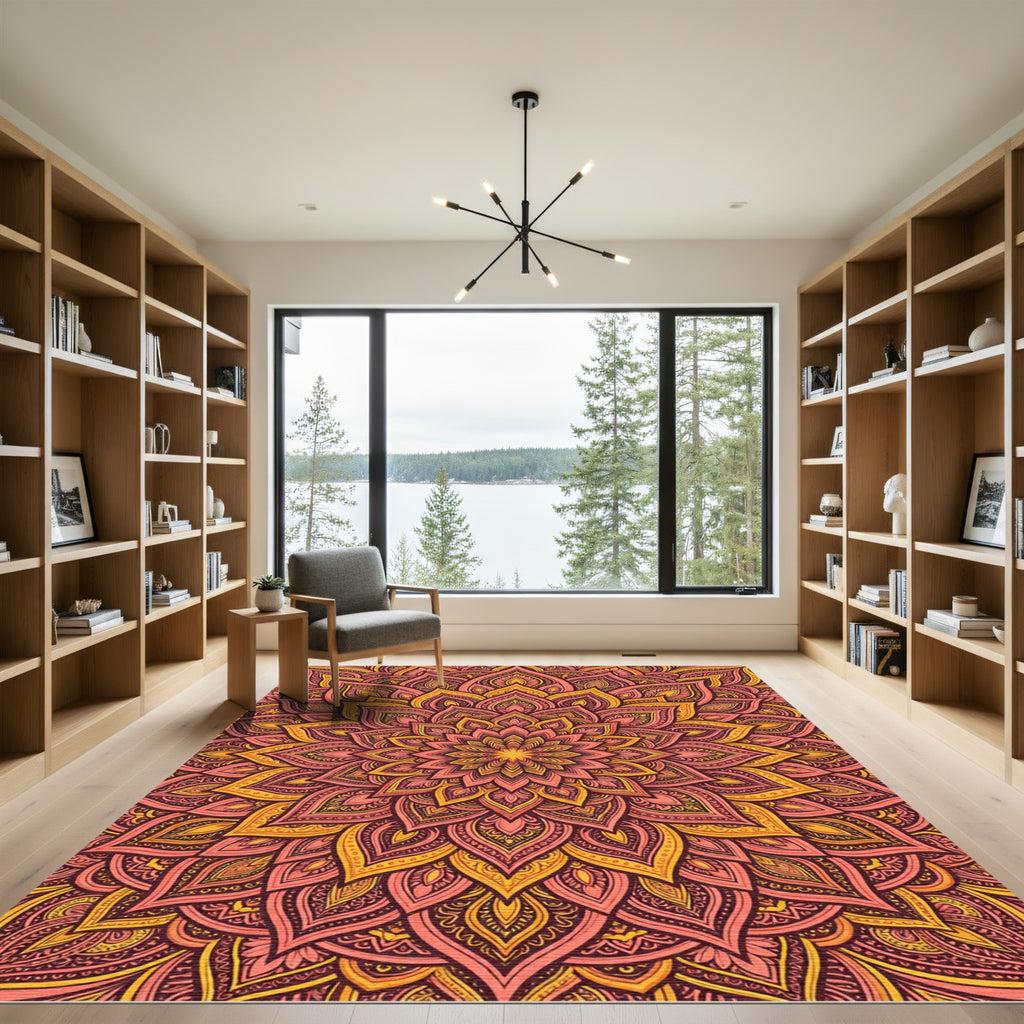 Radiant Saffron Coral Ornate Mandala Rug
