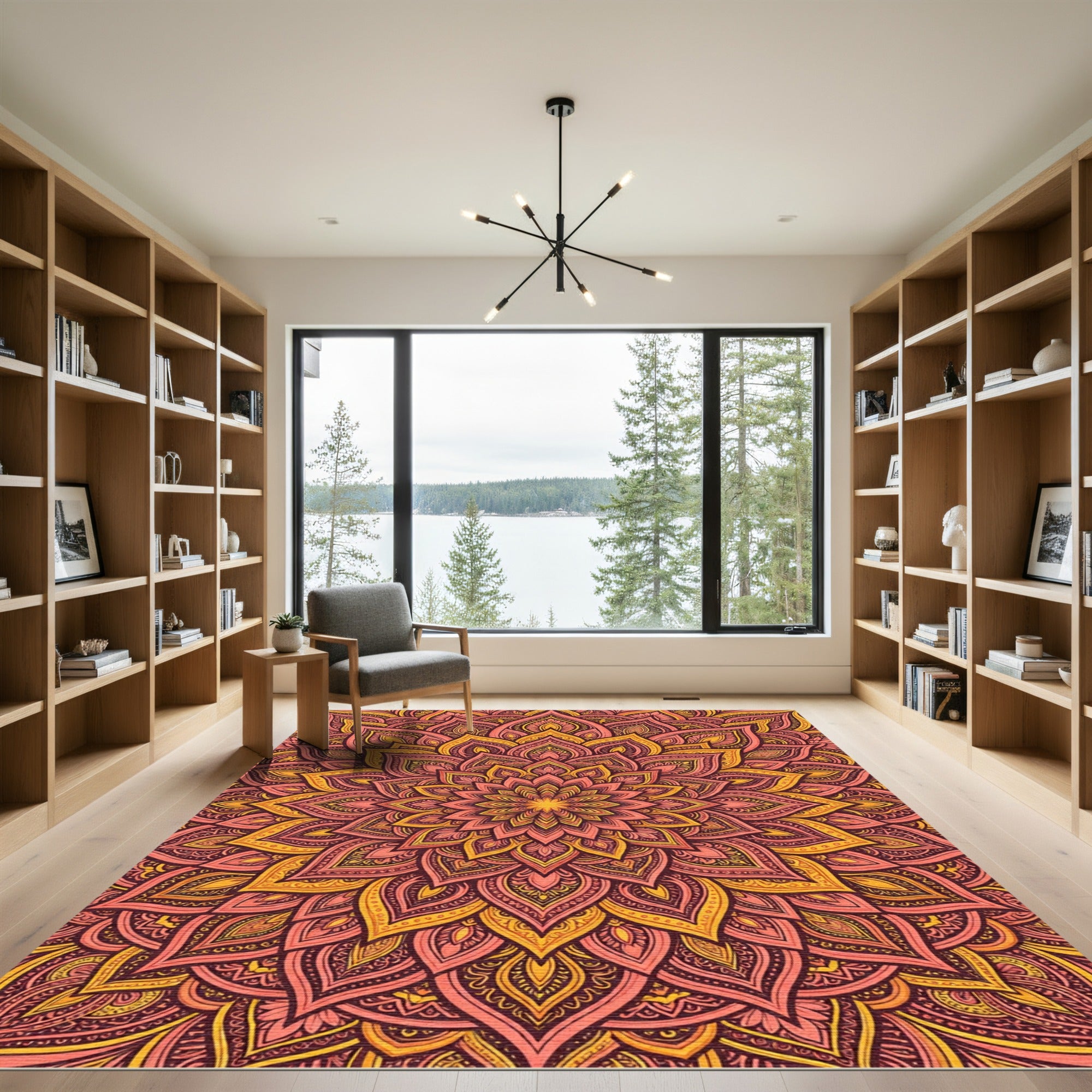 Radiant Saffron Coral Ornate Mandala Rug