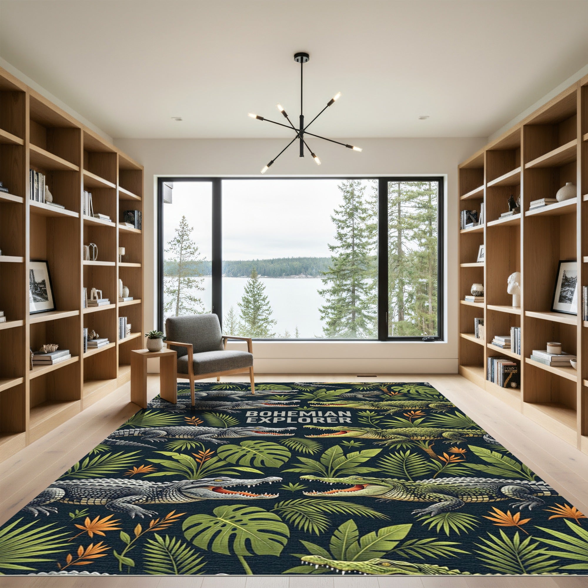 Lush Green Tropical Crocodile Jungle Adventure Rug