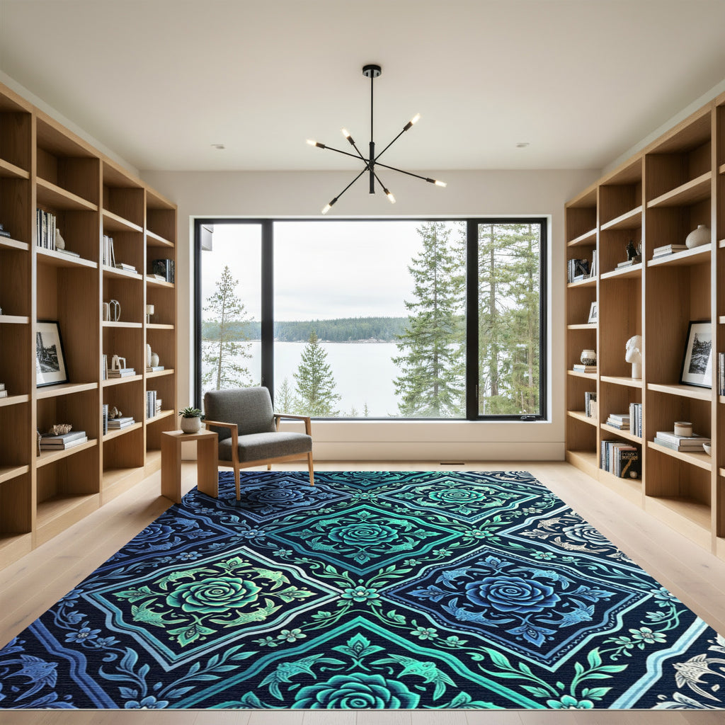 Faceted Blue Teal Rose Scrollwork Rug