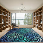Faceted Blue Teal Rose Scrollwork Rug