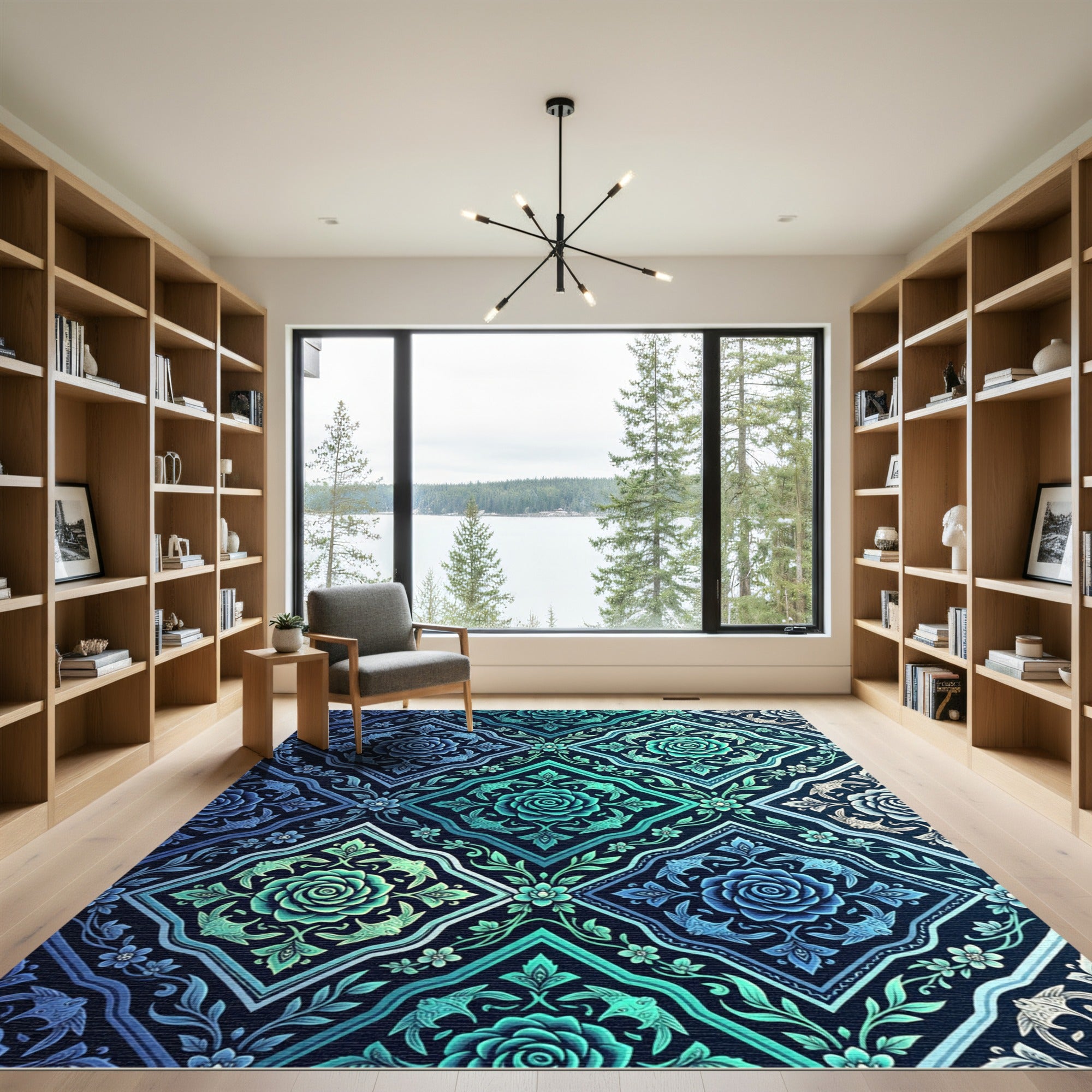 Faceted Blue Teal Rose Scrollwork Rug