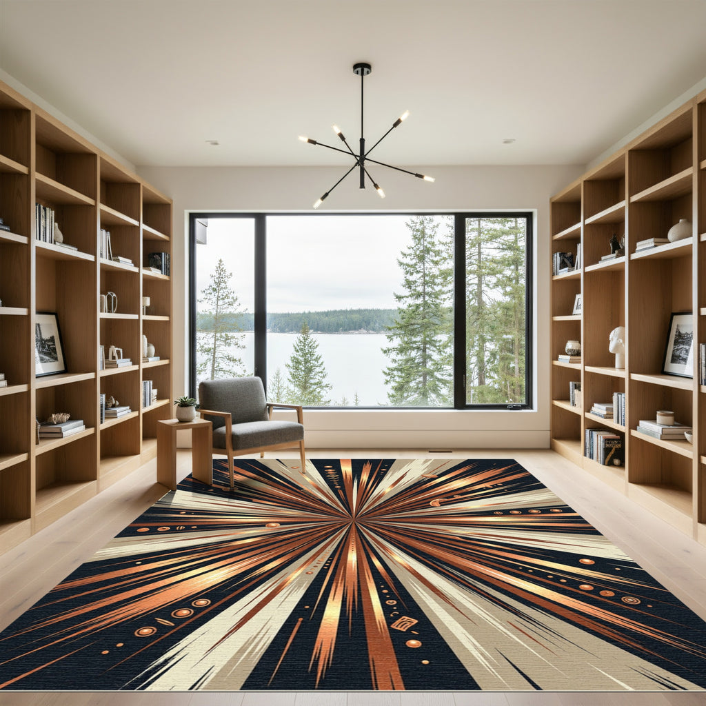 Vibrant Copper Sunburst Geometric Rug