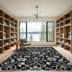 Elegant Black White Floral Scroll Rug