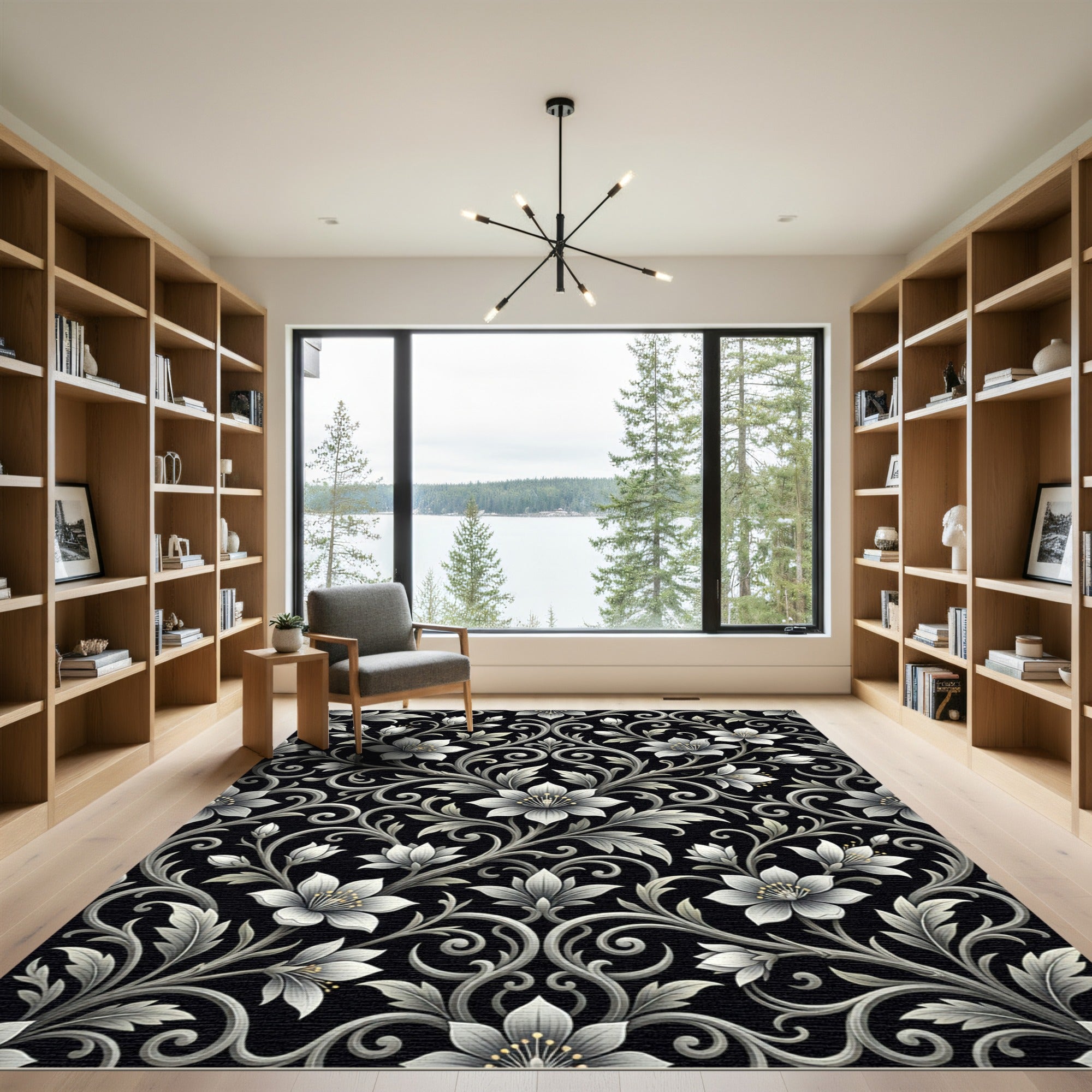 Elegant Black White Floral Scroll Rug