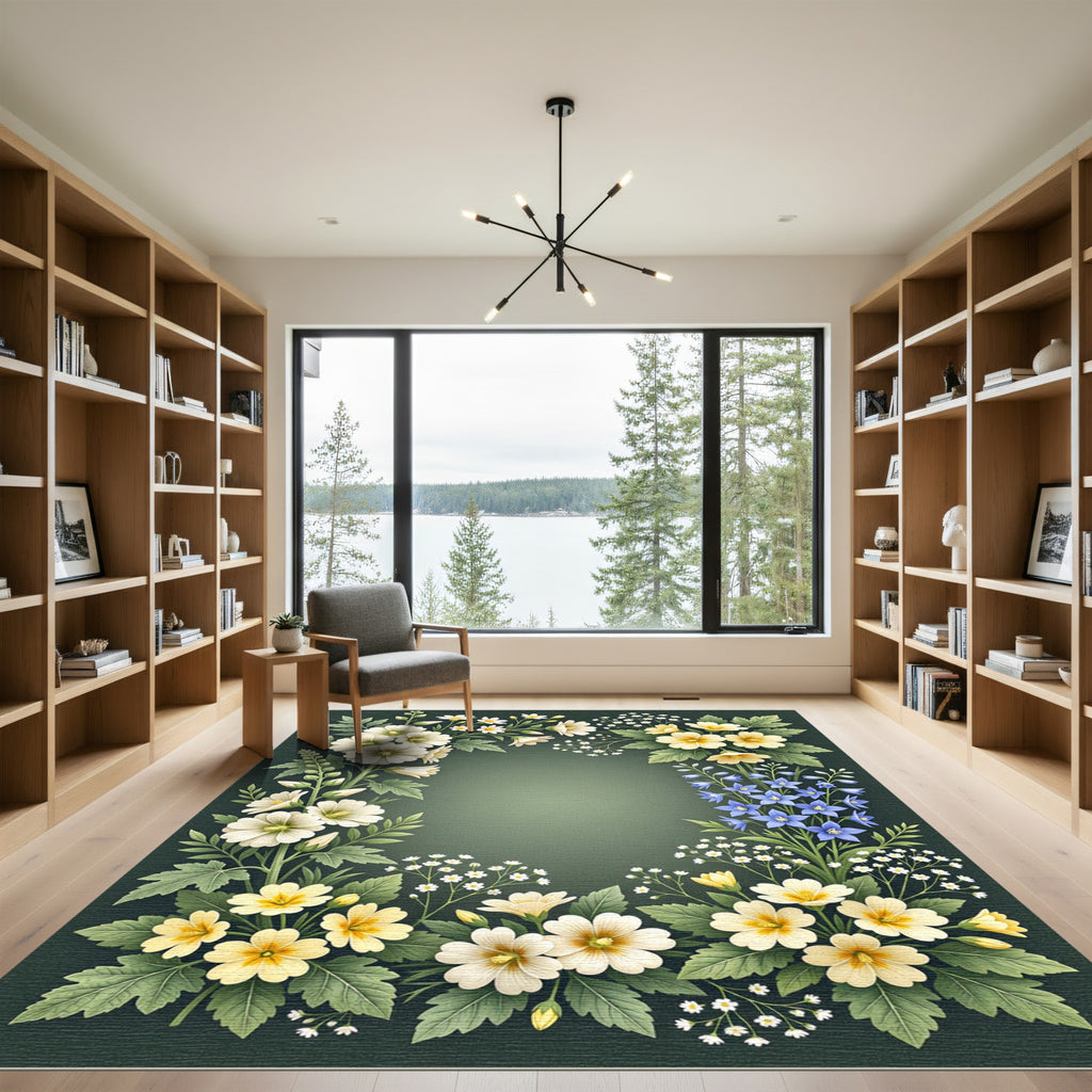 Botanical Meadow Wildflower Cream Green Rug