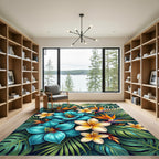 Bright Teal White Exotic Flora Jungle Rug