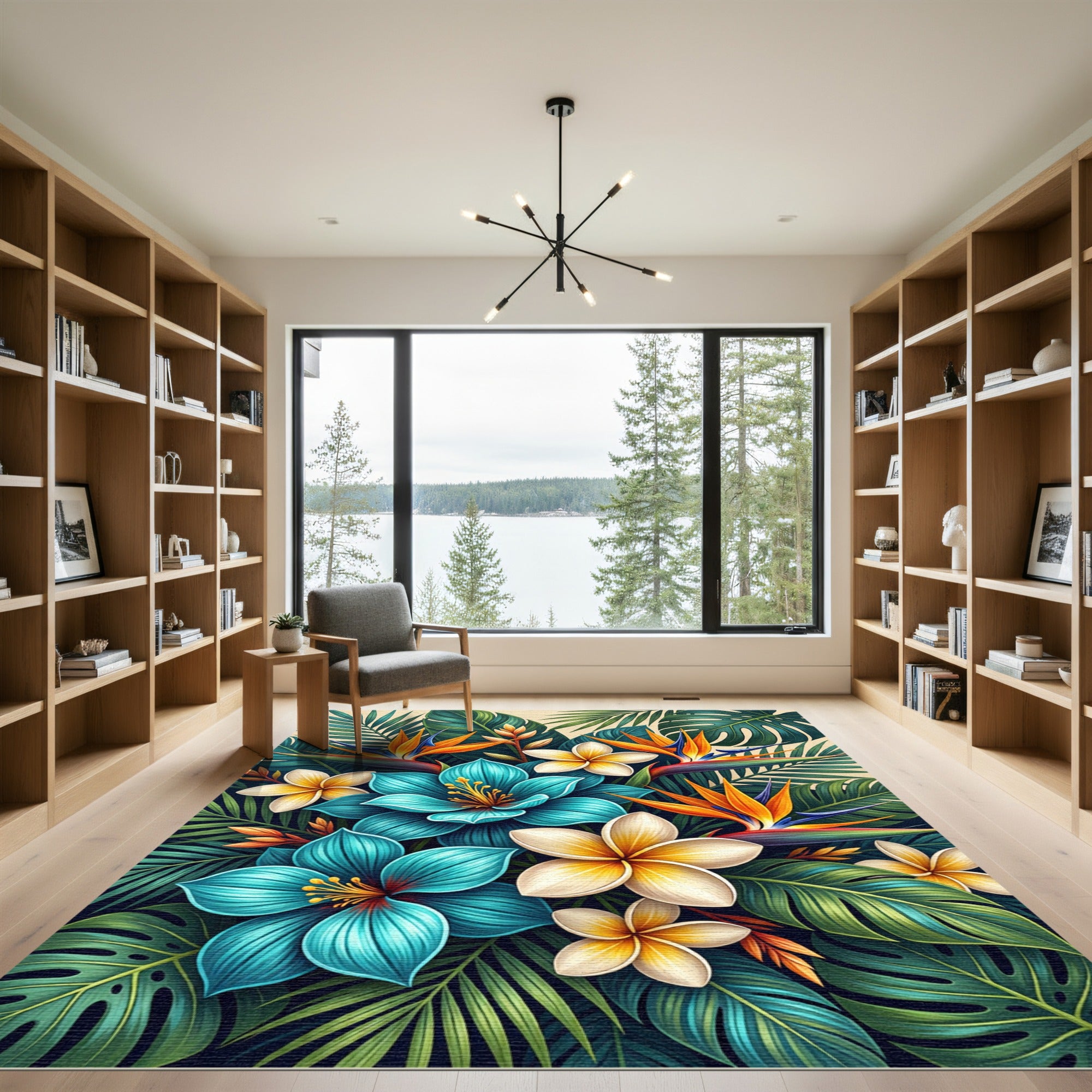 Bright Teal White Exotic Flora Jungle Rug