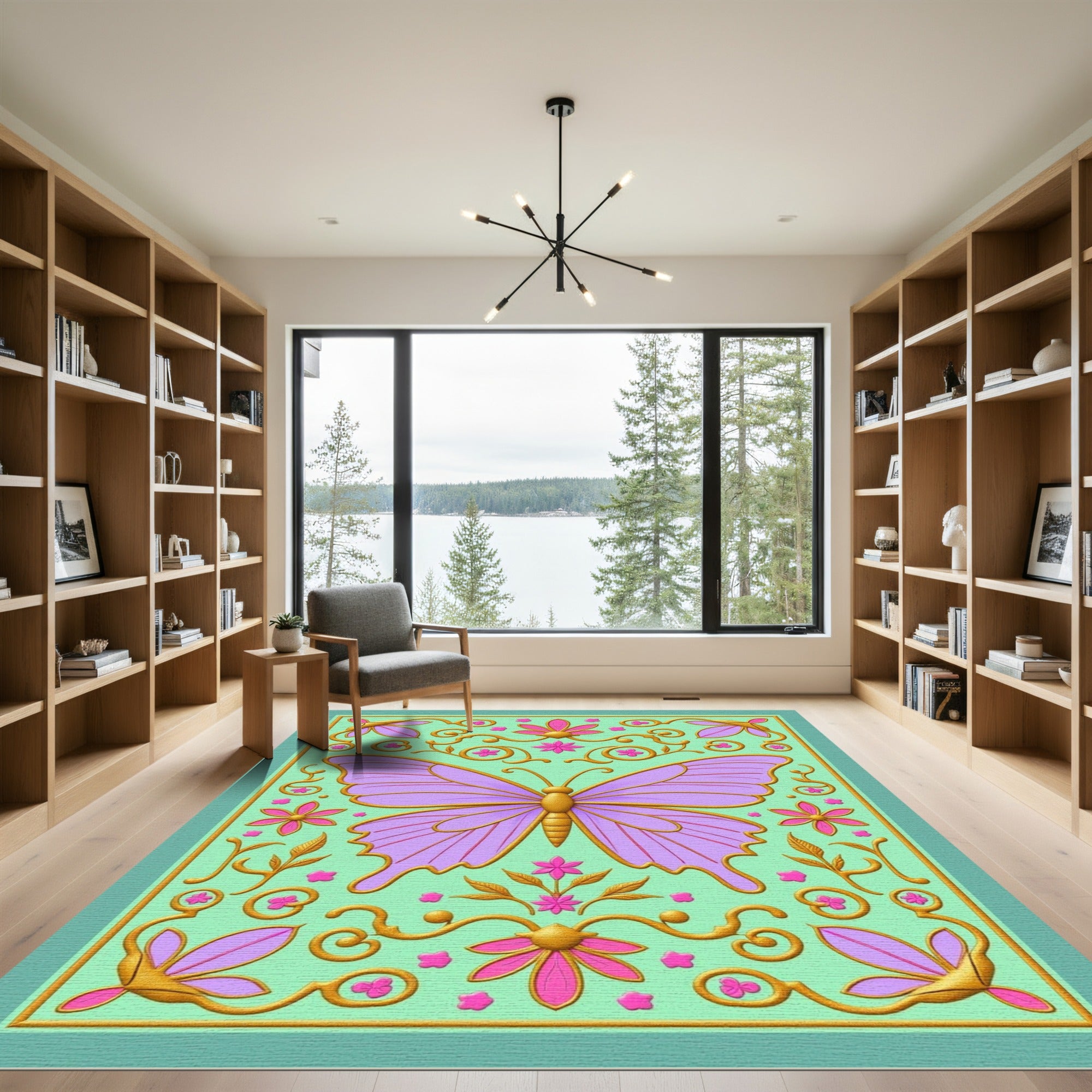 Lavender Butterfly Golden Floral Swirls Rug