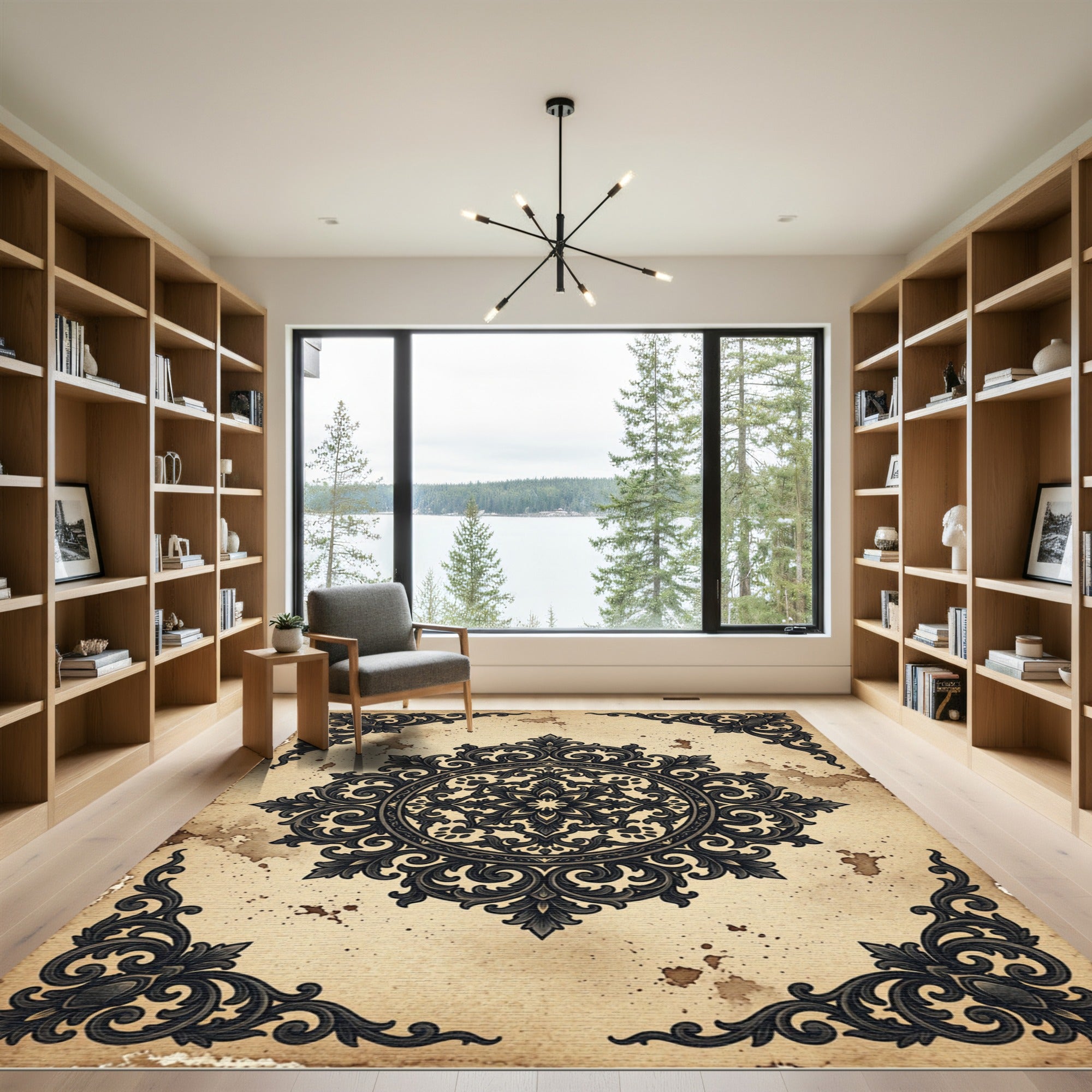 Vintage Charcoal Scrollwork Damask Medallion Rug