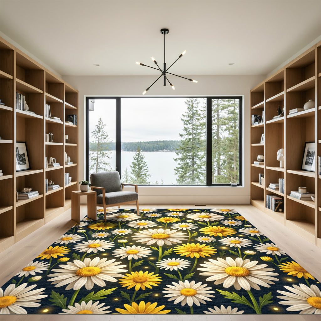 Radiant White and Golden Daisy Meadow Rug
